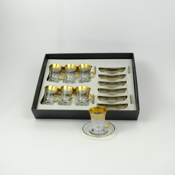 Set of 6 pieces of glass tea cups and saucer with a bold golden line - Image 2