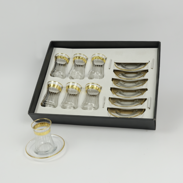 Set of 6 pieces of glass tea cups and saucer with a bold golden line pattern - Image 2