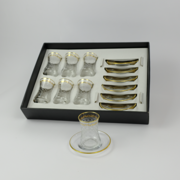 Set of 6 pieces of glass tea cups and saucer with a bold golden line - Image 3