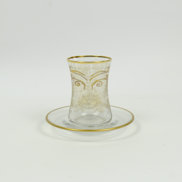 Set of 6 pieces of glass tea cups and saucer with a golden pattern art - Image 2