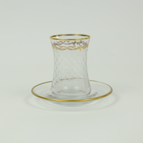 Set of 6 pieces of glass tea cups and saucer with a bold golden line - Image 2