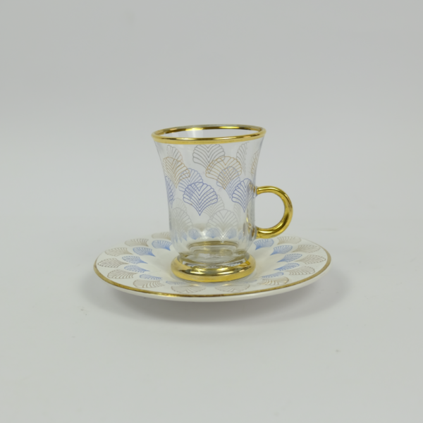 Set of 6 pieces of glass tea cups and porcelain saucer with a special pattern design - Image 2