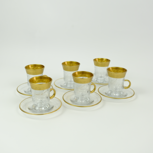 Set of 6 pieces of glass tea cups and saucer with a bold golden line - Image 3