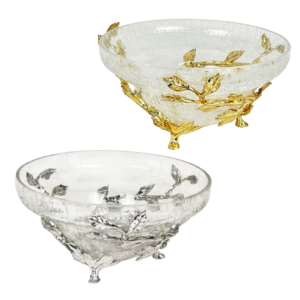 Round glass candy bowl with metal stand
