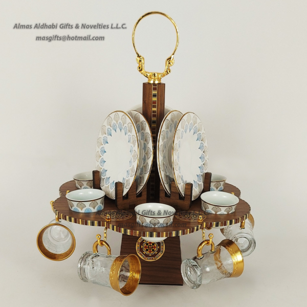 Hexagonal Tea & Coffee Cups / Plates Holding  Wooden Stand with mosaic. - Image 2
